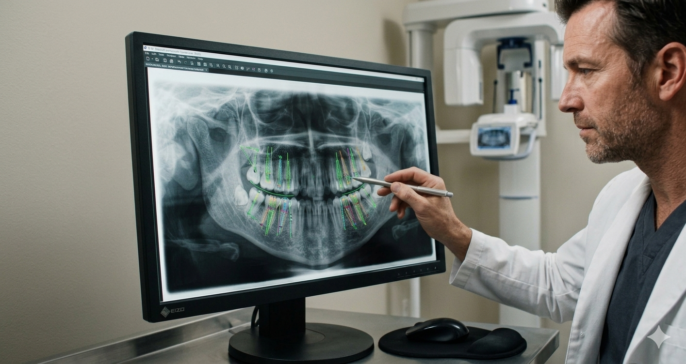 Clínica de radiologia odontológica com monitor exibindo planejamento de implantes e raio-x panorâmico.